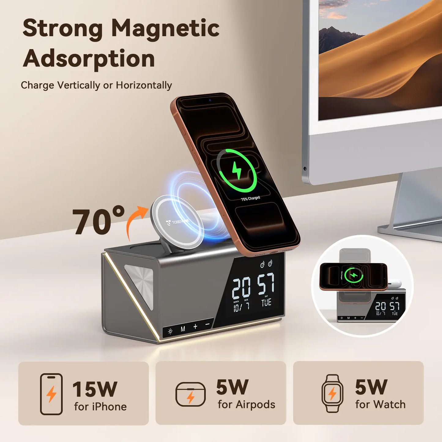 TobenONE 6-in-1 Wireless Charging Station with Alarm & Night Light & MagSafe Magnetic Phone Charger for Apple Devices TCW01