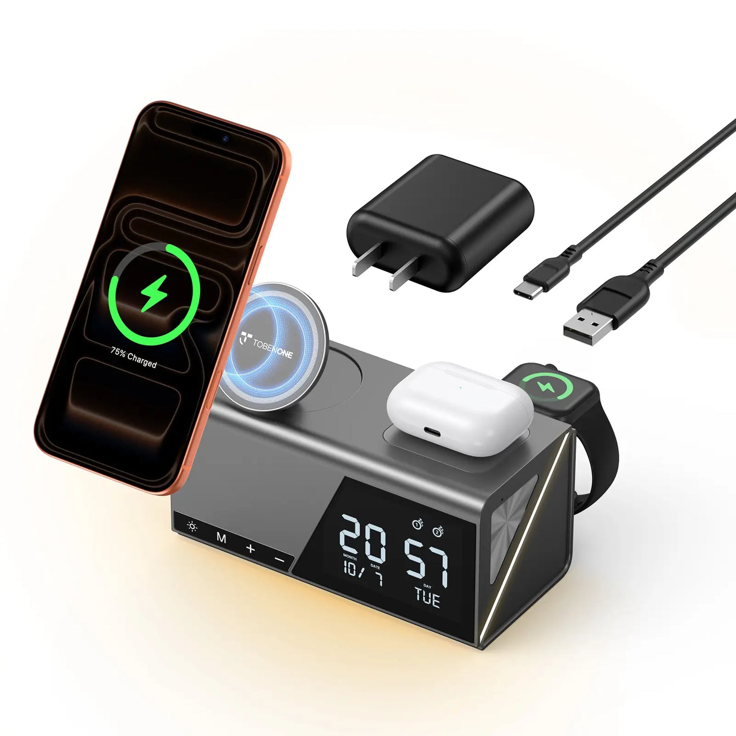TobenONE 6-in-1 Wireless Charging Station with Alarm & Night Light & MagSafe Magnetic Phone Charger for Apple Devices TCW01