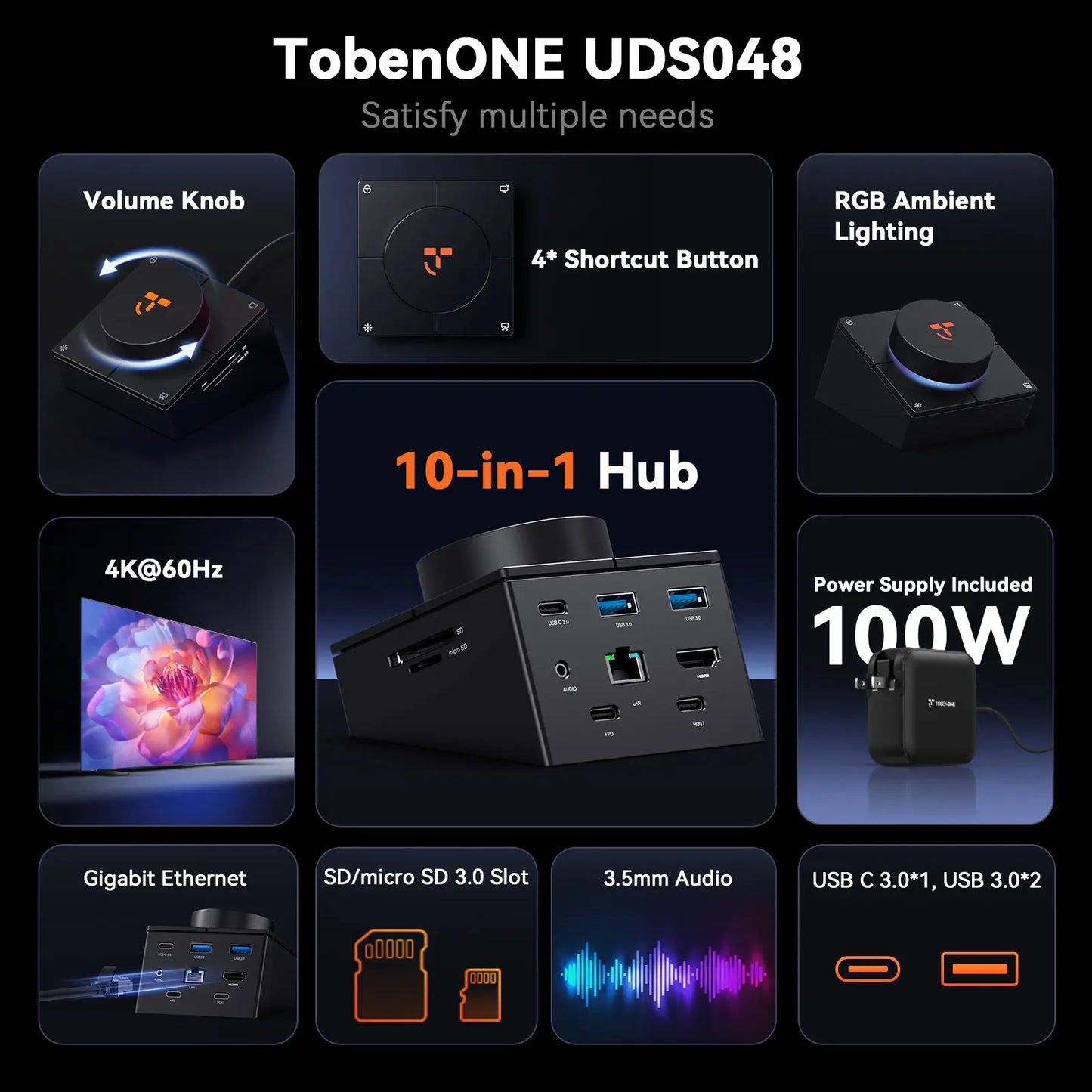 TobenONE 10-in-1 Shortcut-Key Docking Station with 4 Shortcut Buttons and Volume Knob - UDS048