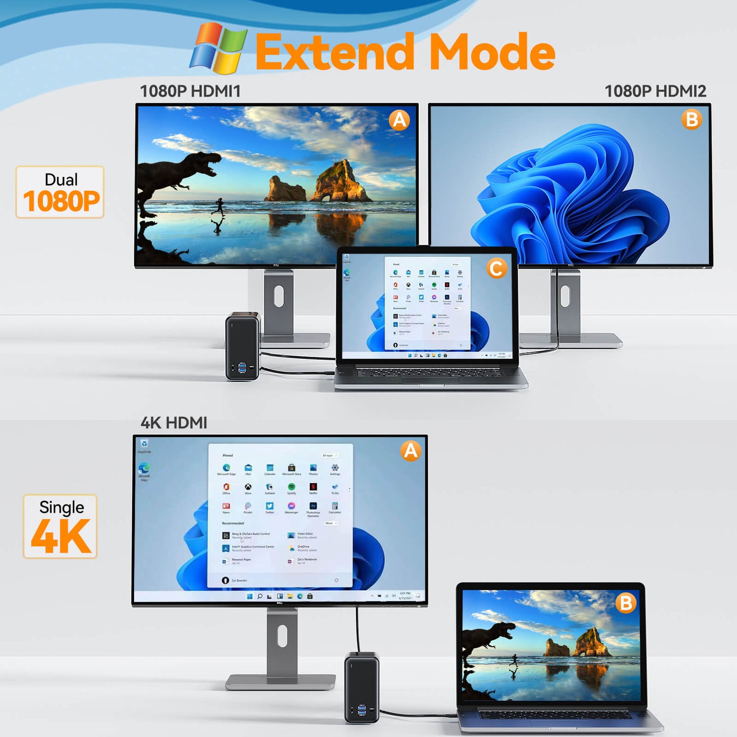 UDS019 Laptop Docking Station Extend Dual HD Monirtors or Single 4K Monitor