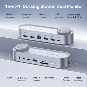 TobenONE Dual Monitor Dock 2×4K HDMI, Knob Control, 100W PD, 5×USB 10Gbps, Gigabit Ethernet for Windows & Mac (No Power Adapter)