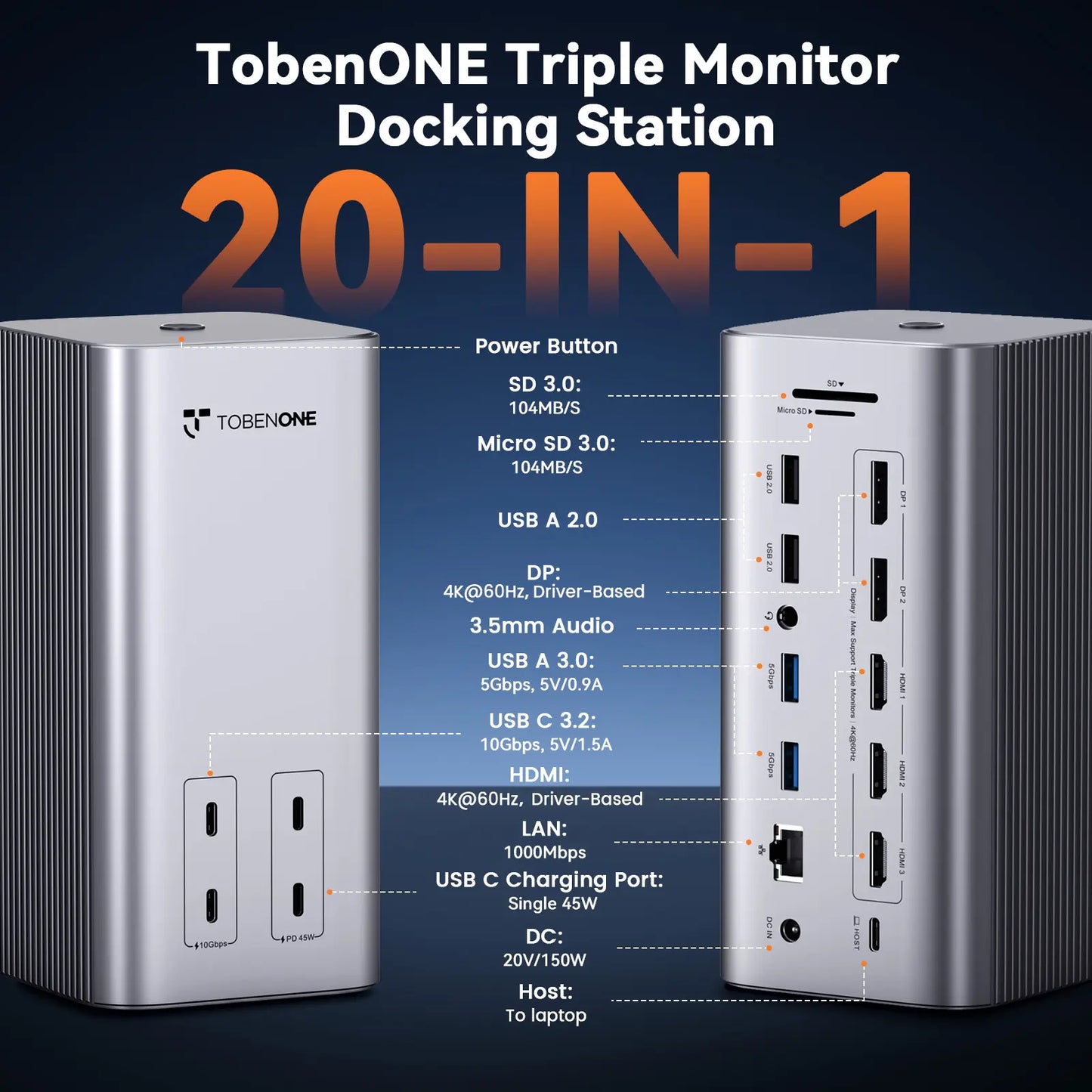 UDS056 20-in-1 Docking Station 3 Monitors for MacBook & Windows, Triple 4K@60Hz Monitor Docking Station