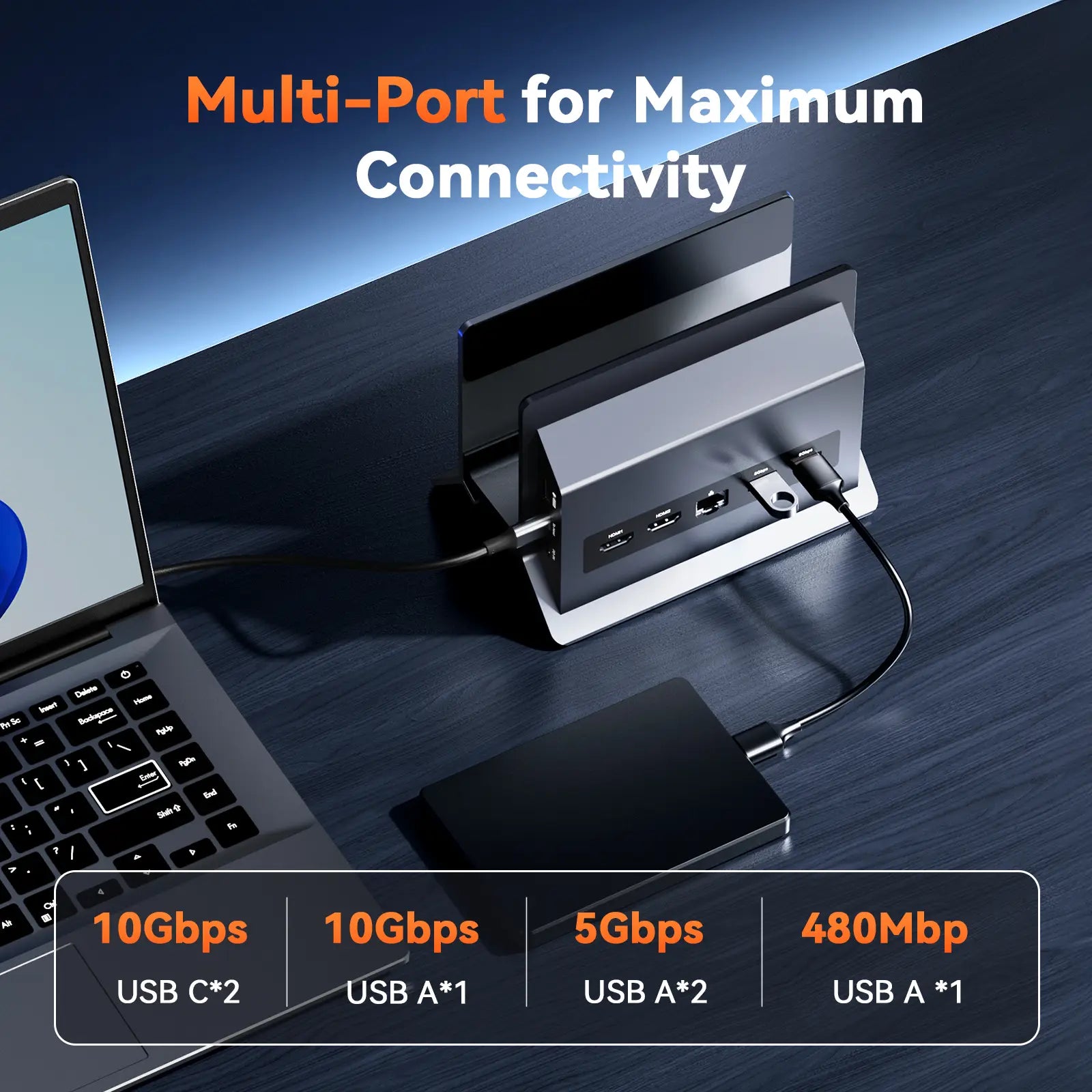 TobenONE Dual 4K Docking Station with Stand: 2 HDMI, 100W Power, 6 USB