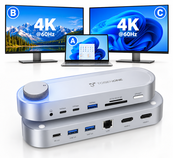 TobenONE Dual Monitor Dock 2×4K HDMI, Knob Control, 100W PD, 5×USB 10Gbps, Gigabit Ethernet for Windows & Mac (No Power Adapter)