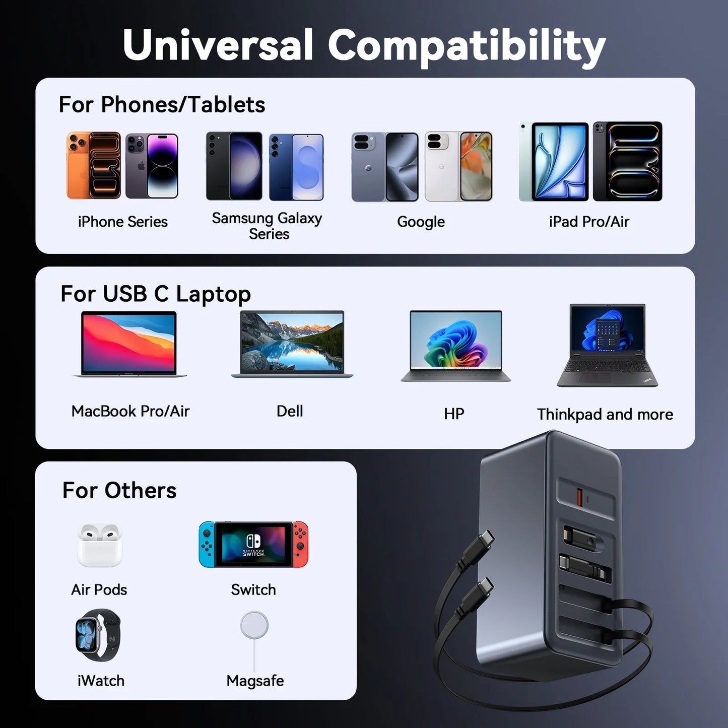 165W USB C Charging Station with Built-in Retractable Cable(2.3ft) & Lightning Adapter