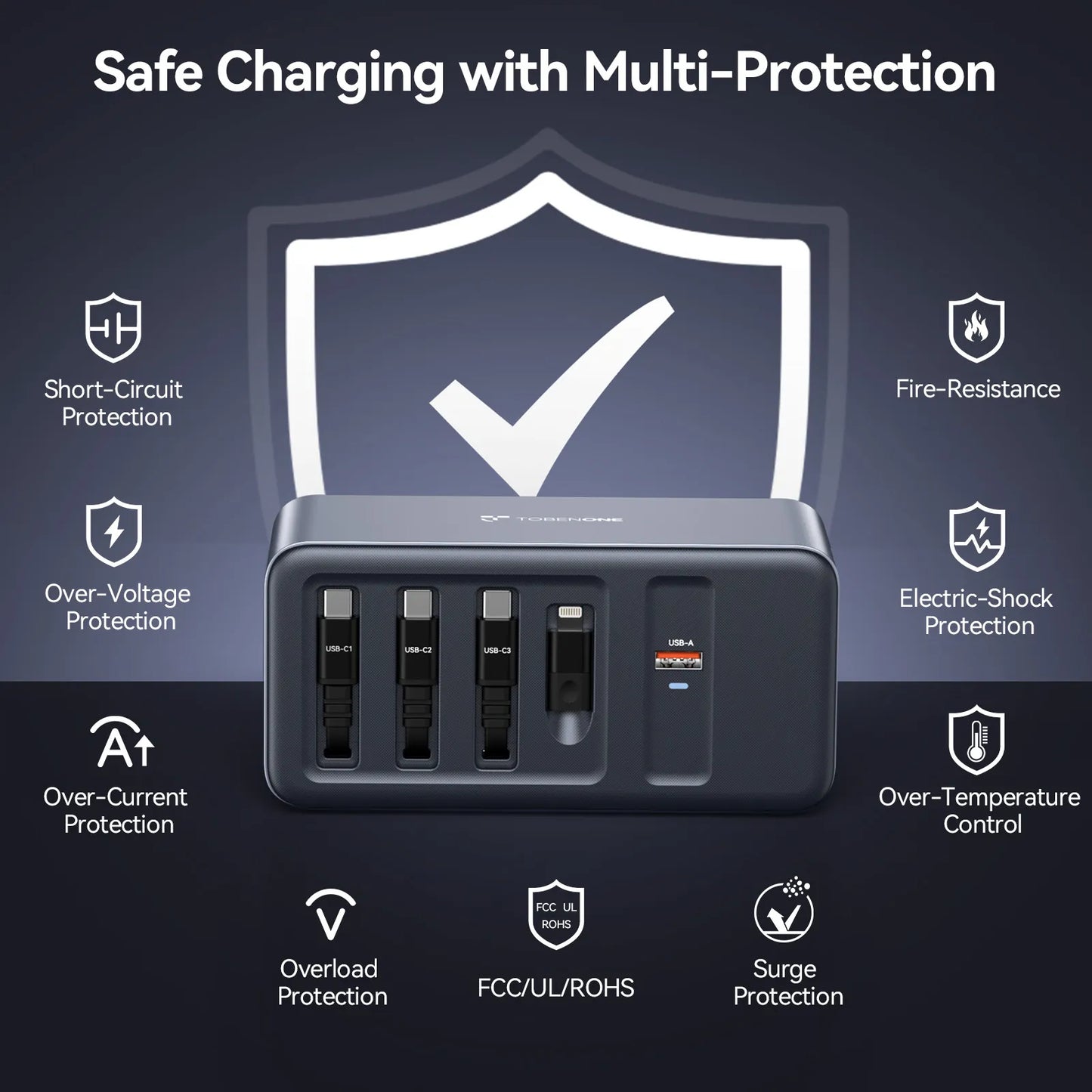 165W USB C Charging Station with Built-in Retractable Cable(2.3ft) & Lightning Adapter