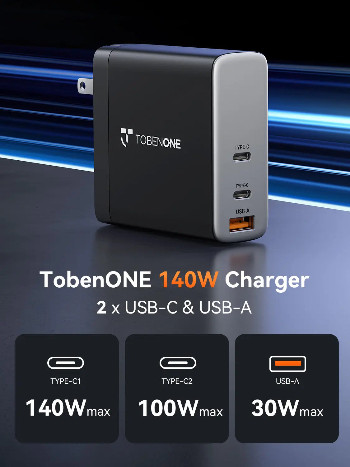 TobenONE 140W USB C Charger with 2 Cables, GaN III Laptop Wall Charger PD3.1 3-Port