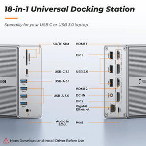 18-In-1 Docking Station USB 3.0 or USB-C Dual Monitor Universal Dock UDS030