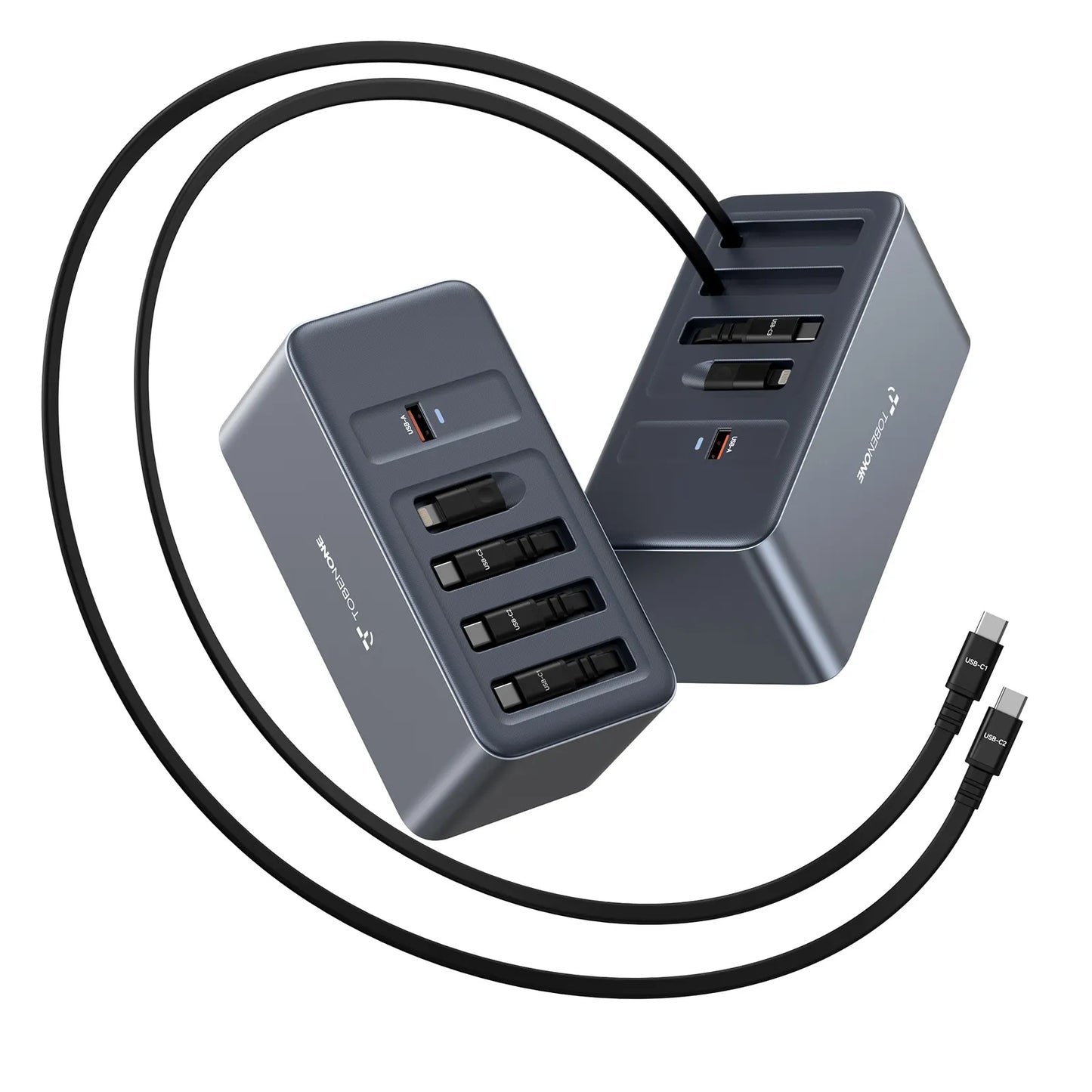 165W USB C Charging Station with Built-in Retractable Cable(2.3ft) & Lightning Adapter