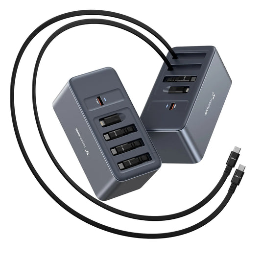 165W USB C Charging Station with Built-in Retractable Cable(2.3ft) & Lightning Adapter