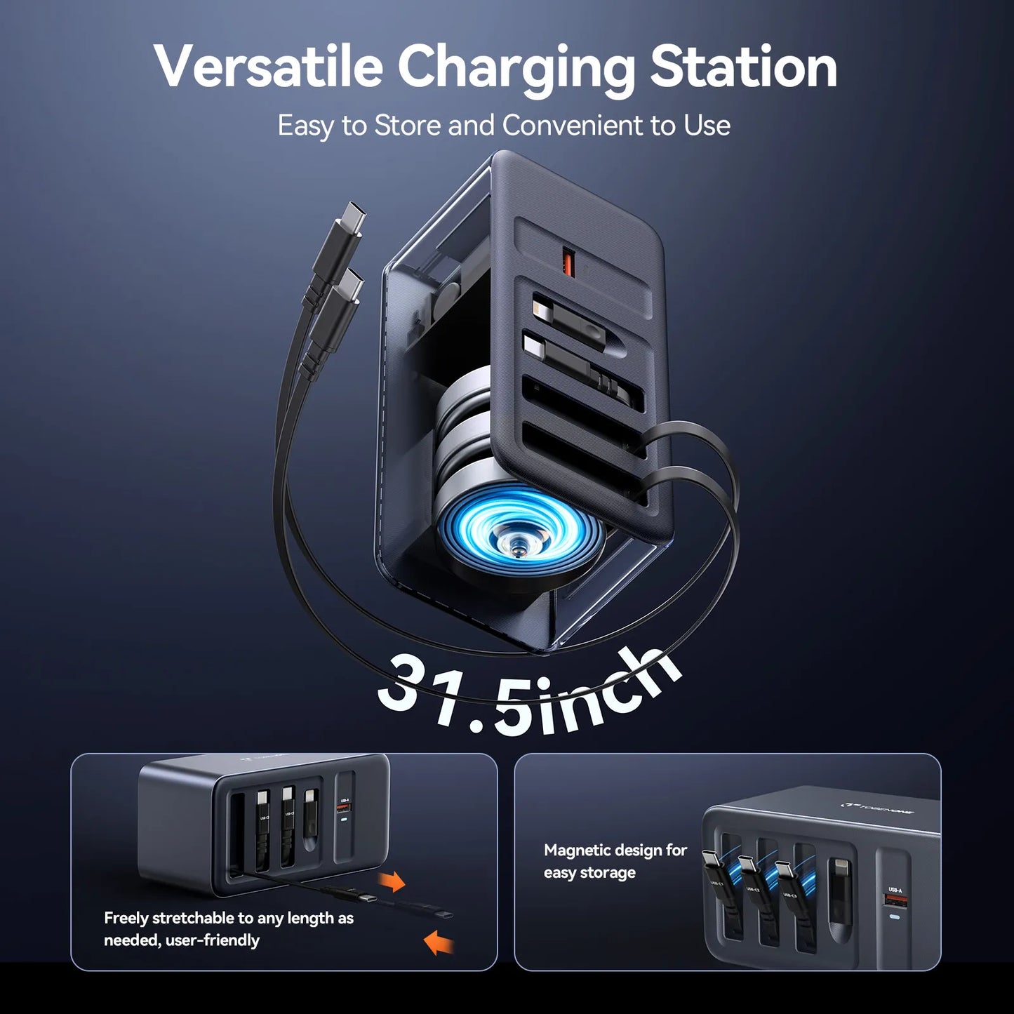 165W USB C Charging Station with Built-in Retractable Cable(2.3ft) & Lightning Adapter
