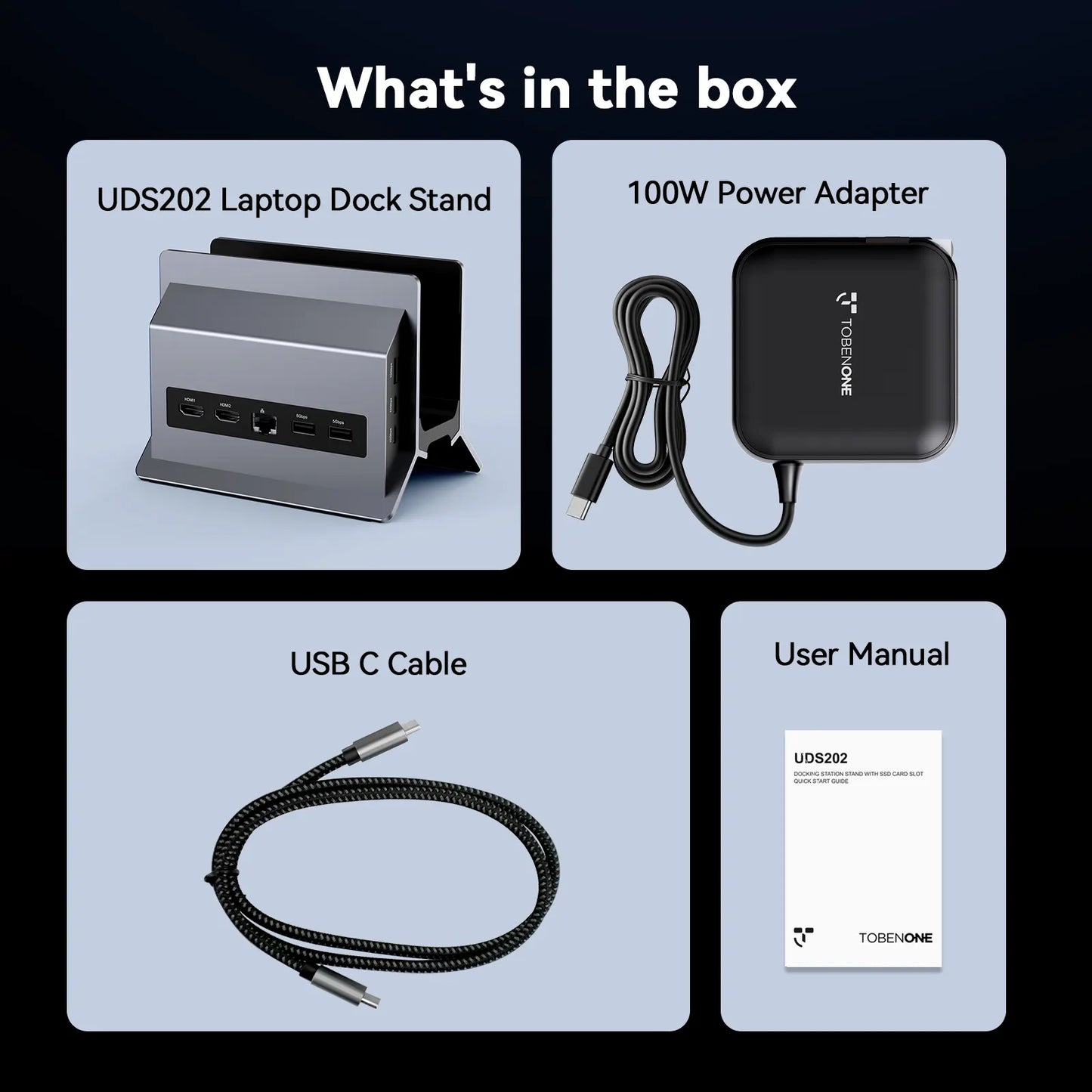 UDS202 TobenONE USB C Laptop Docking Station Dual 4K@60Hz Monitor with 100W Power Supply