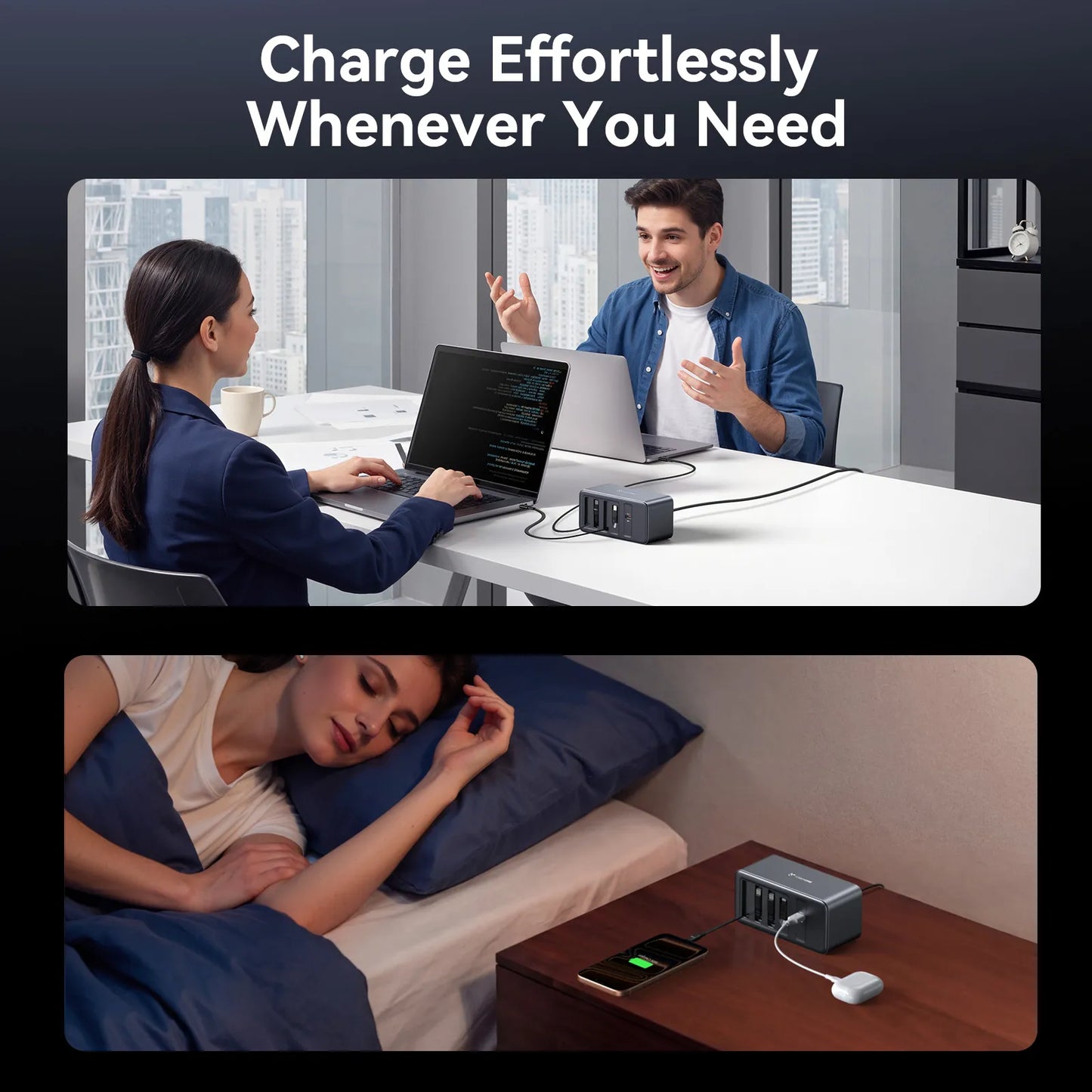 165W USB C Charging Station with Built-in Retractable Cable(2.3ft) & Lightning Adapter
