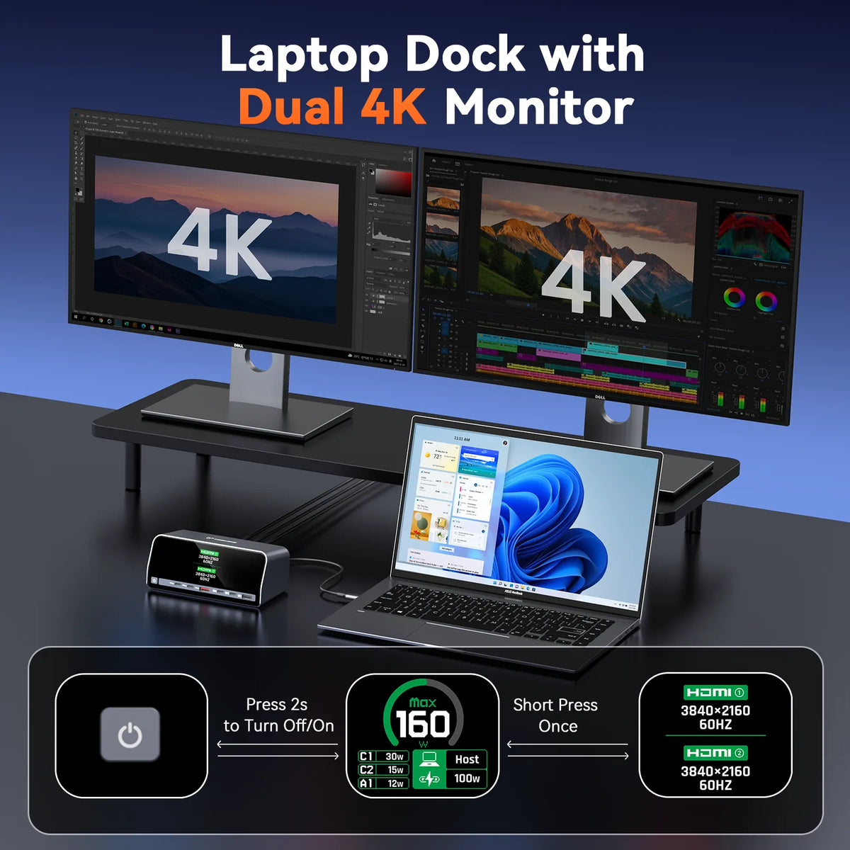 TobenONE UDS051 com dois monitores 4K ligados