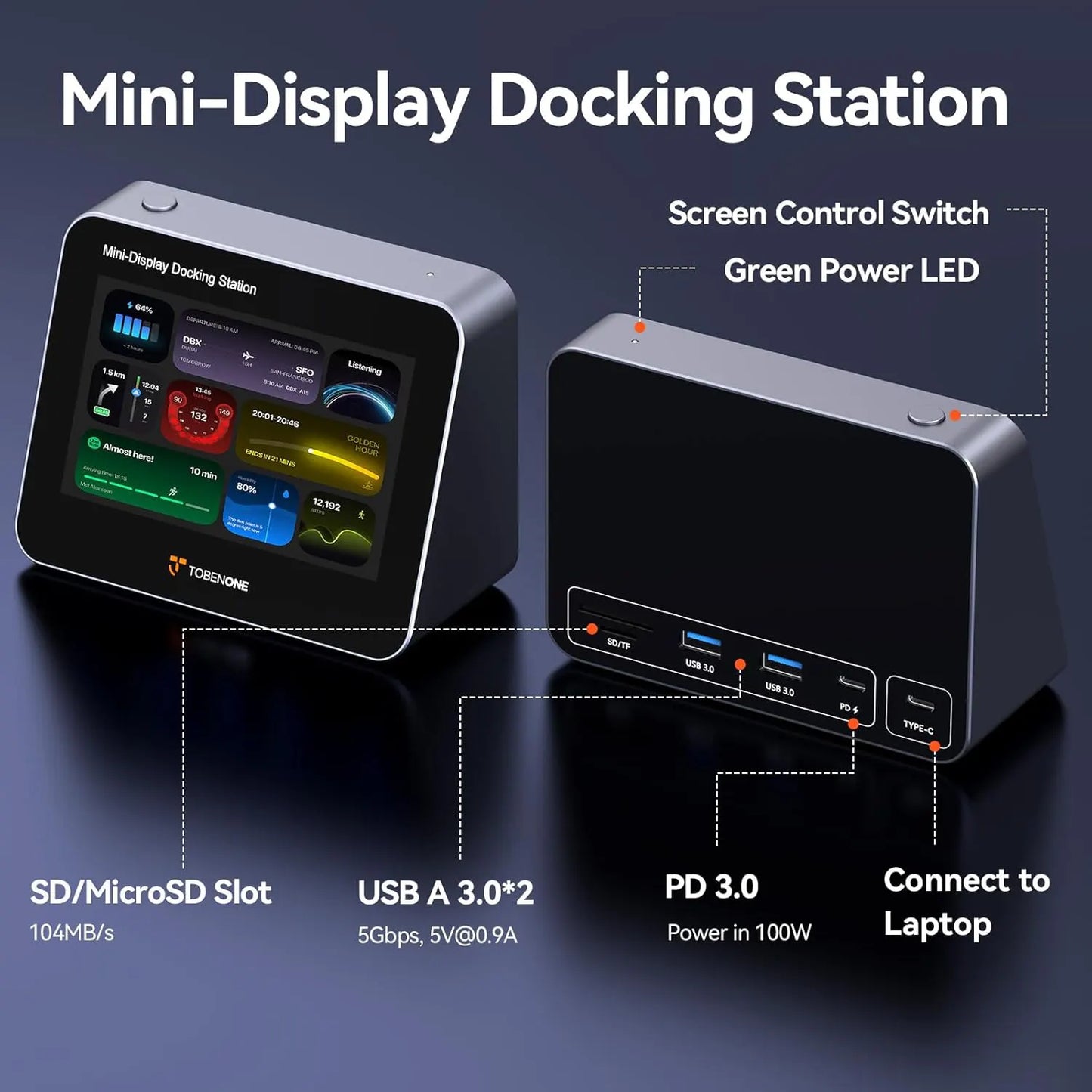 UDS055 Mini Monitor for PC with USB C Hub, 5" Display with 100W Power Delivery for Laptop