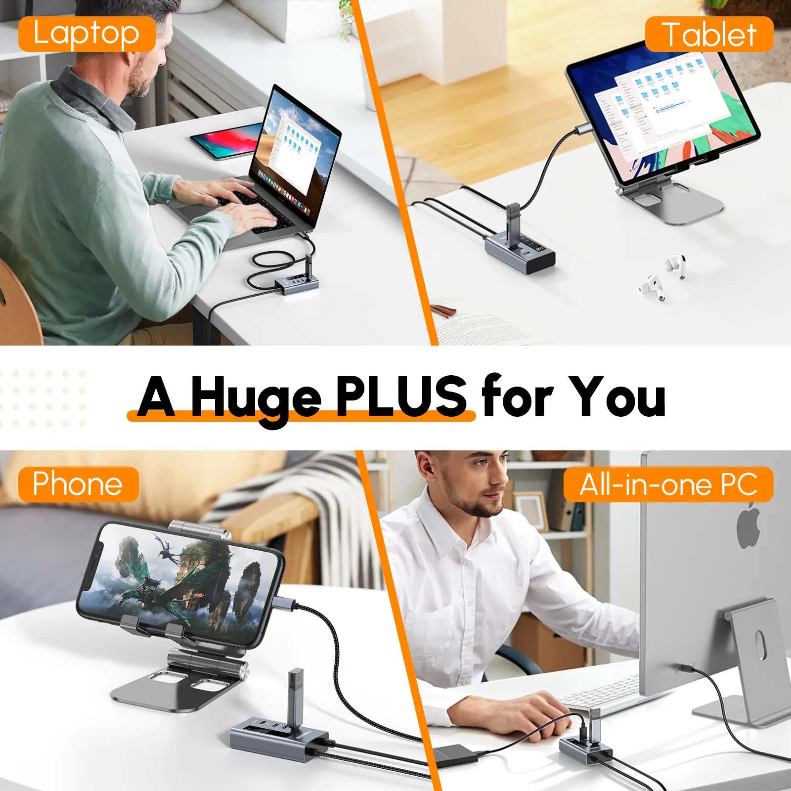 HUB Multiport 4 en 1 USB-C Pour PC Portable, Tablette, Téléphone
