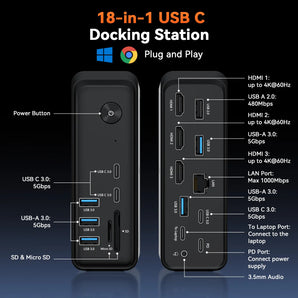 UDS057 Laptop Docking Station 3 Monitors, 18-in-1 USB-C Dock for Windows Laptops